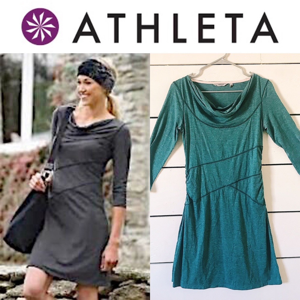 Athleta Sunburst Dress Emerald with Quarter Sleeve